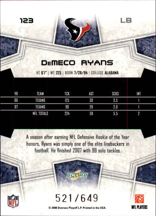 2008 Score Scorecard #123 DeMeco Ryans back image