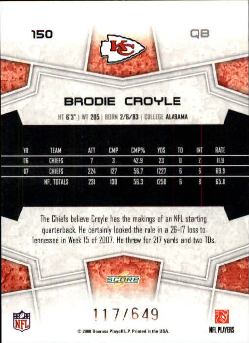 2008 Score Scorecard #150 Brodie Croyle back image