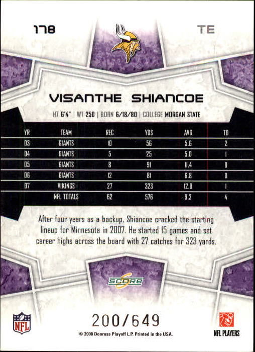 2008 Score Scorecard #178 Visanthe Shiancoe back image