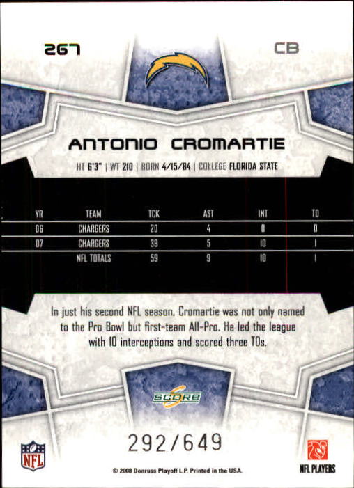 2008 Score Scorecard #267 Antonio Cromartie back image