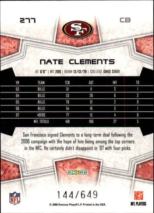 2008 Score Scorecard #277 Nate Clements back image