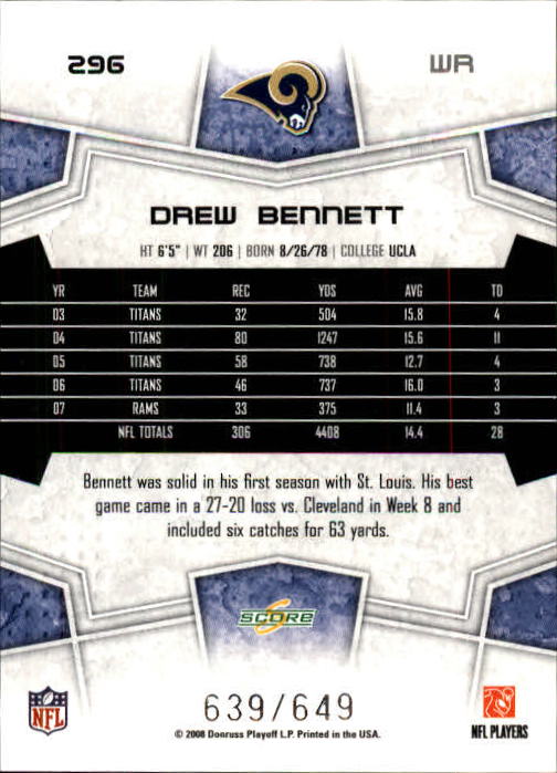 2008 Score Scorecard #296 Drew Bennett back image