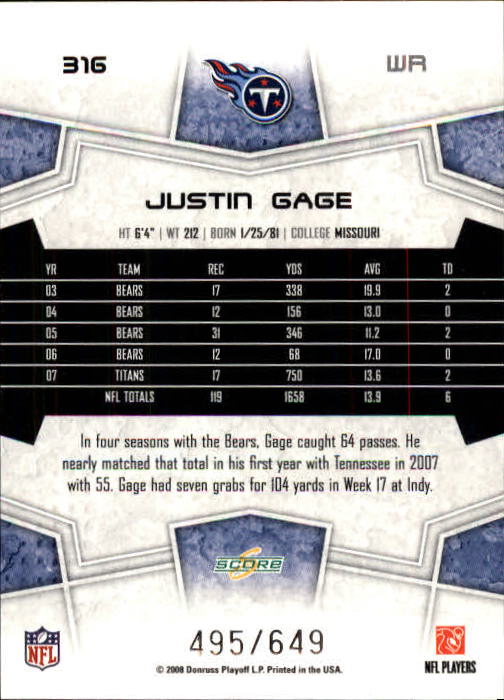2008 Score Scorecard #316 Justin Gage back image