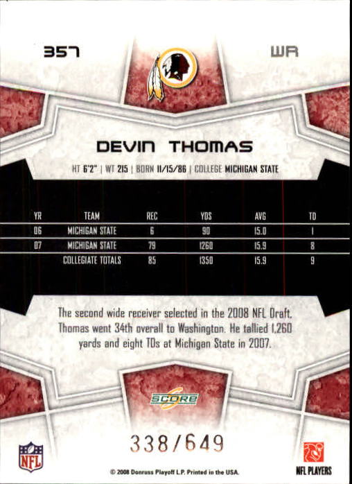 2008 Score Scorecard #357 Devin Thomas back image