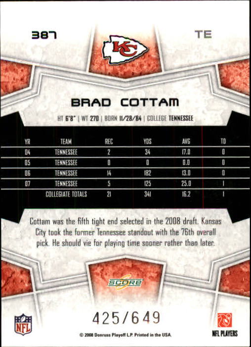 2008 Score Scorecard #387 Brad Cottam back image