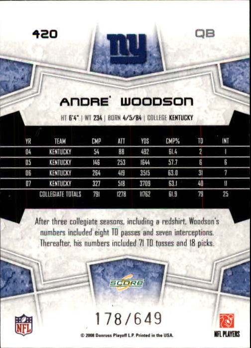 2008 Score Scorecard #420 Andre Woodson back image