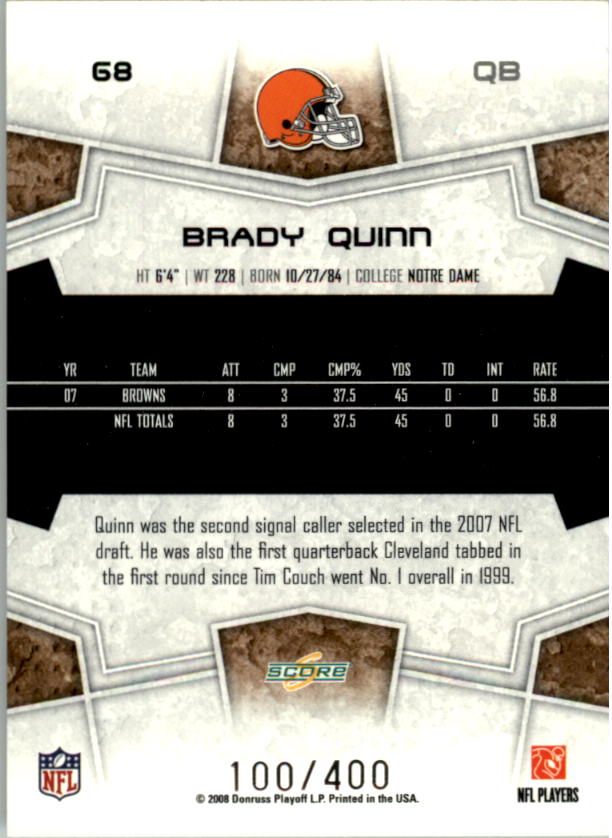 2008 Score Gold Zone #68 Brady Quinn back image