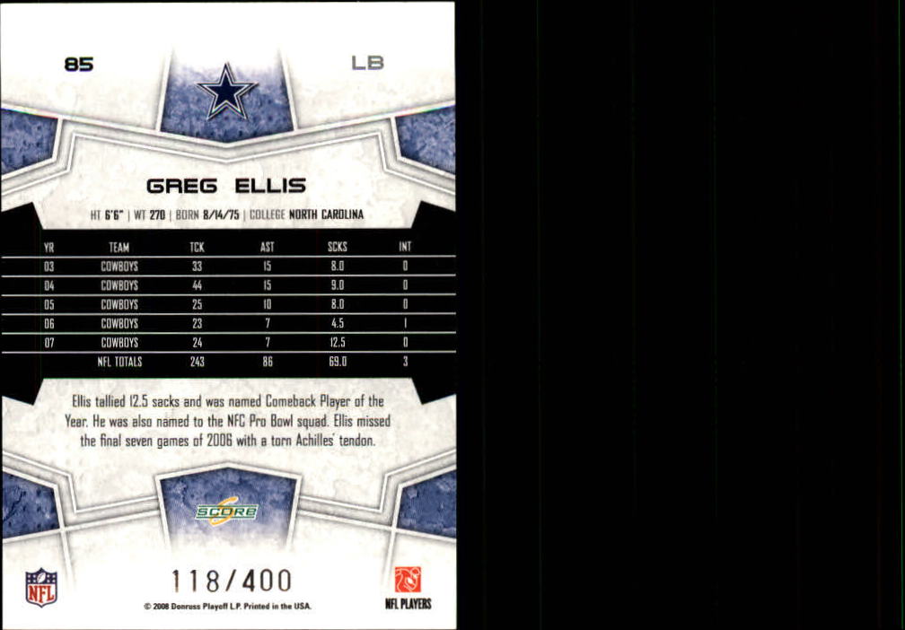 2008 Score Gold Zone #85 Greg Ellis back image