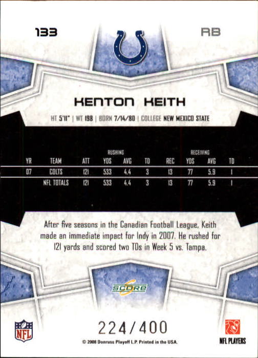 2008 Score Gold Zone #133 Kenton Keith back image