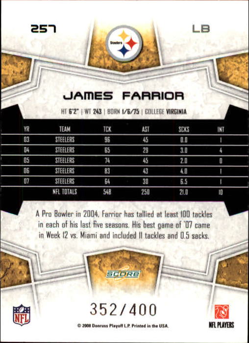 2008 Score Gold Zone #257 James Farrior back image