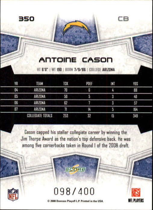 2008 Score Gold Zone #350 Antoine Cason back image