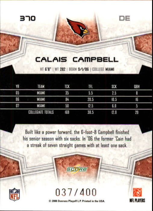 2008 Score Gold Zone #370 Calais Campbell back image