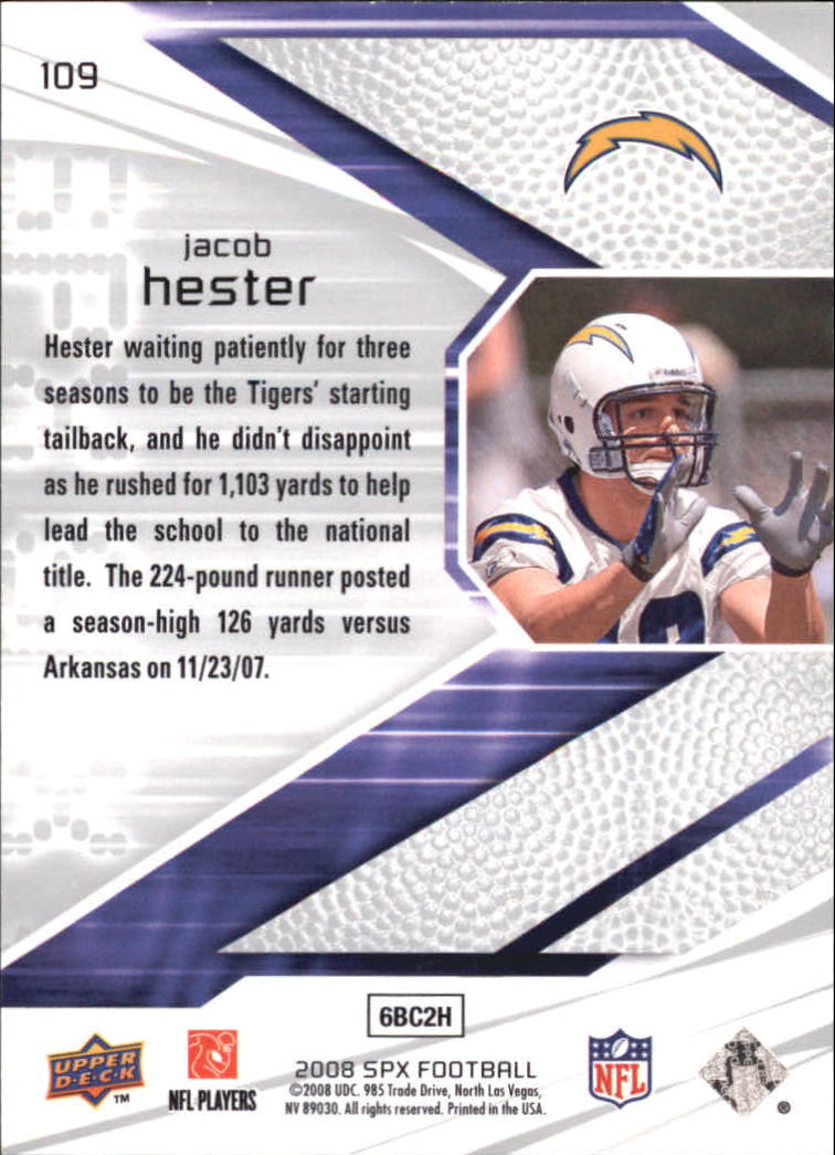 2008 SPx #109 Jacob Hester RC back image