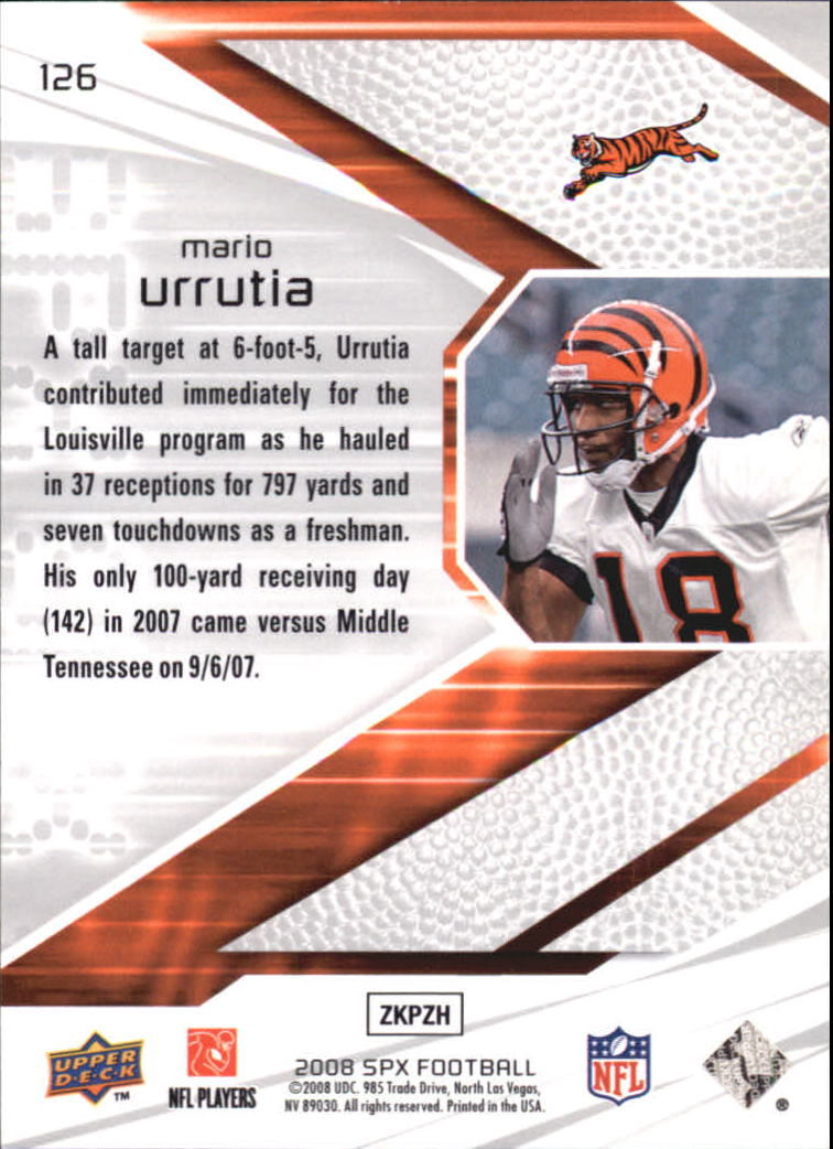 2008 SPx #126 Mario Urrutia RC back image