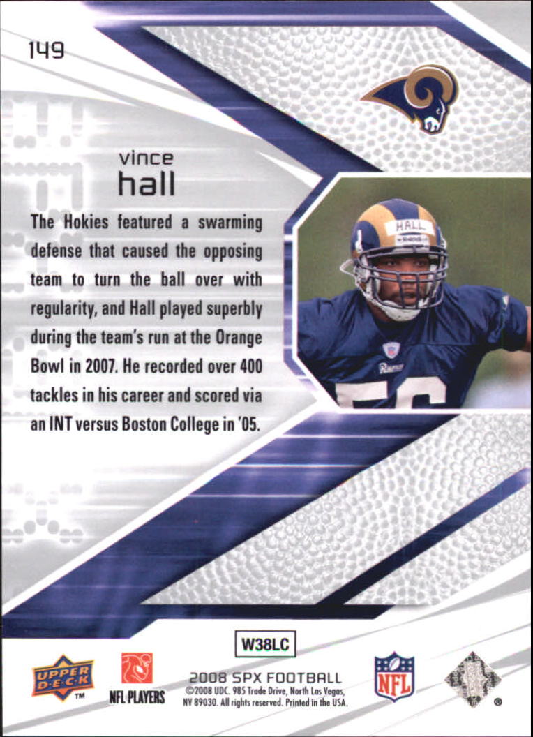 2008 SPx #149 Vince Hall RC back image