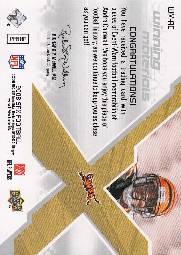 2008 SPx Winning Materials AFC/NFC Dual Patch 25 #WMAC Andre Caldwell back image