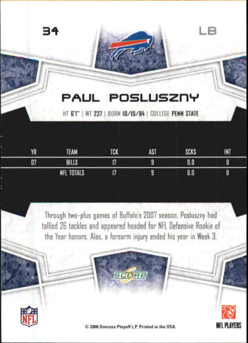2008 Select #34 Paul Posluszny back image