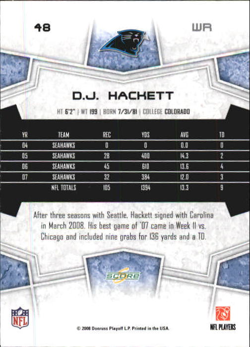 2008 Select #48 D.J. Hackett back image