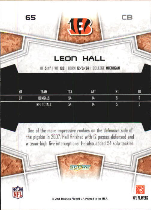 2008 Select #65 Leon Hall back image