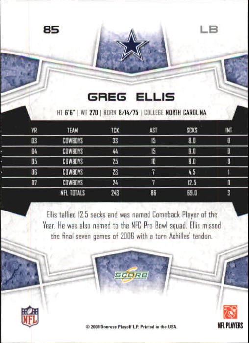 2008 Select #85 Greg Ellis back image
