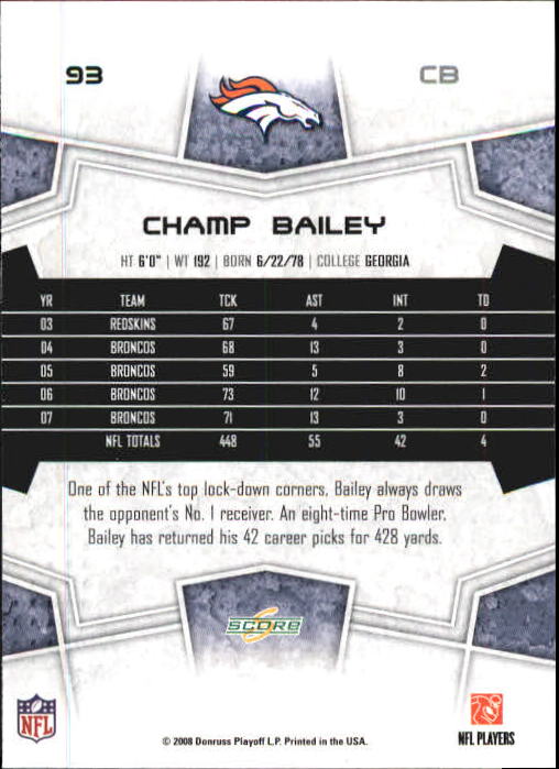 2008 Select #93 Champ Bailey back image