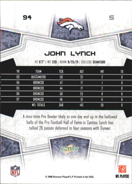 2008 Select #94 John Lynch back image
