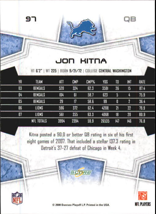 2008 Select #97 Jon Kitna back image