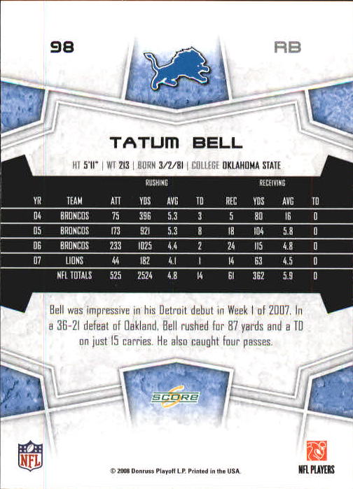 2008 Select #98 Tatum Bell back image