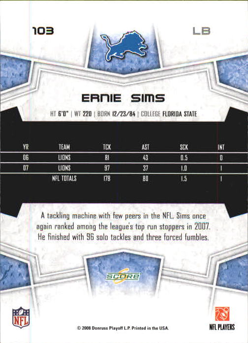 2008 Select #103 Ernie Sims back image