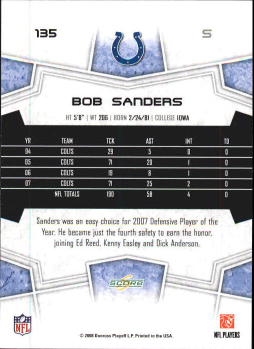 2008 Select #135 Bob Sanders back image