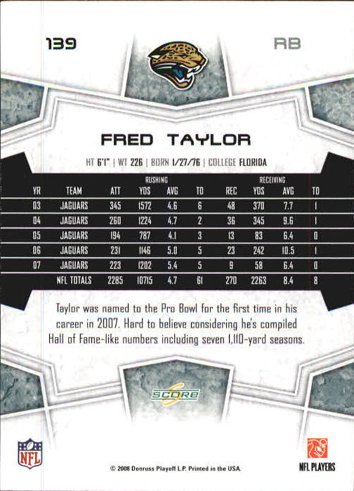 2008 Select #139 Fred Taylor back image