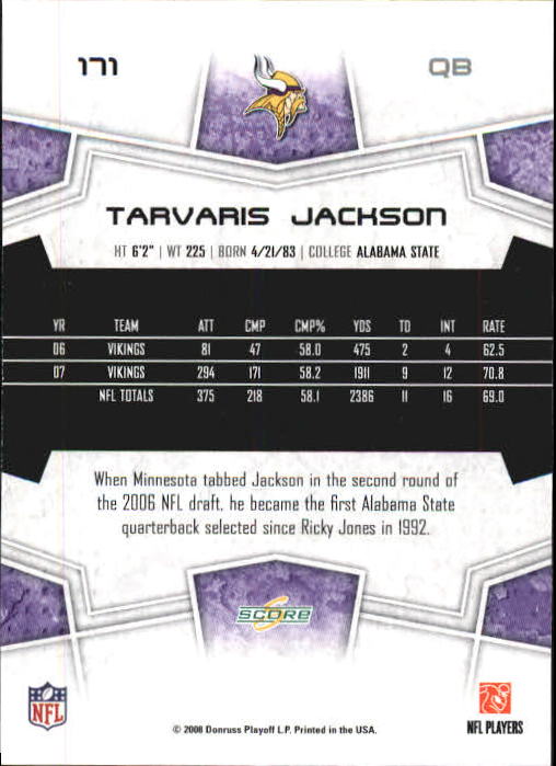 2008 Select #171 Tarvaris Jackson back image