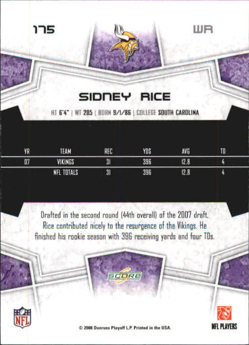 2008 Select #175 Sidney Rice back image