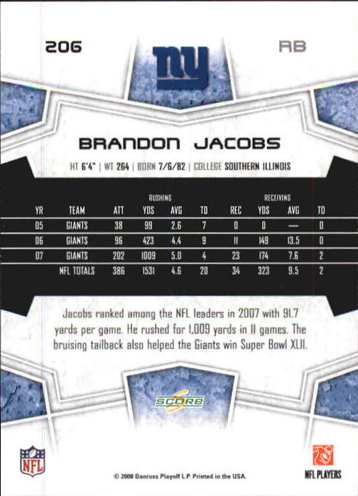 2008 Select #206 Brandon Jacobs back image