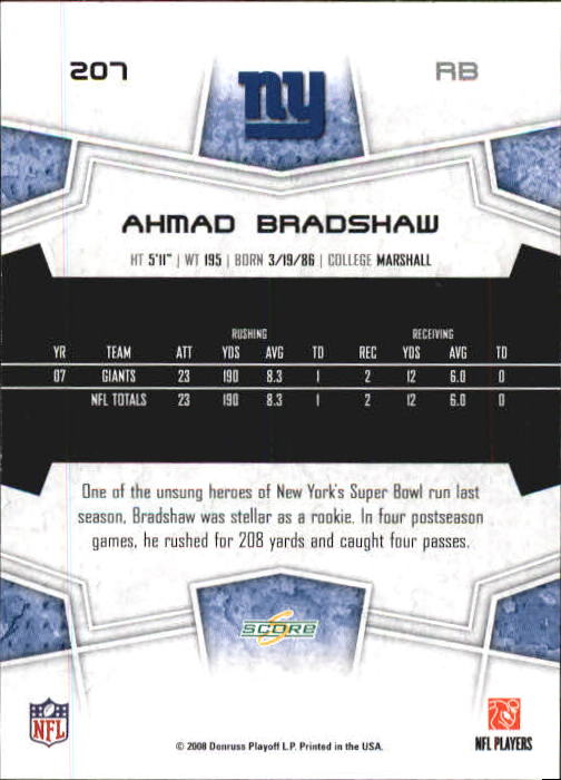 2008 Select #207 Ahmad Bradshaw back image