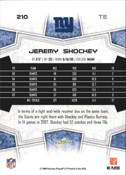 2008 Select #210 Jeremy Shockey back image