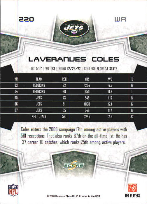 2008 Select #220 Laveranues Coles back image