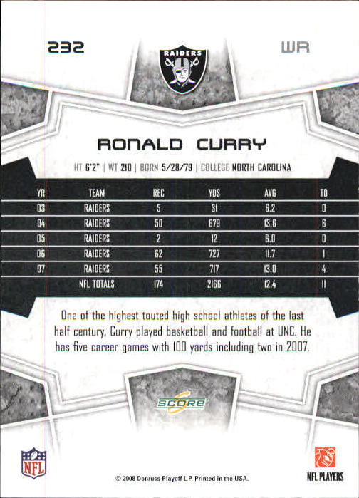 2008 Select #232 Ronald Curry back image