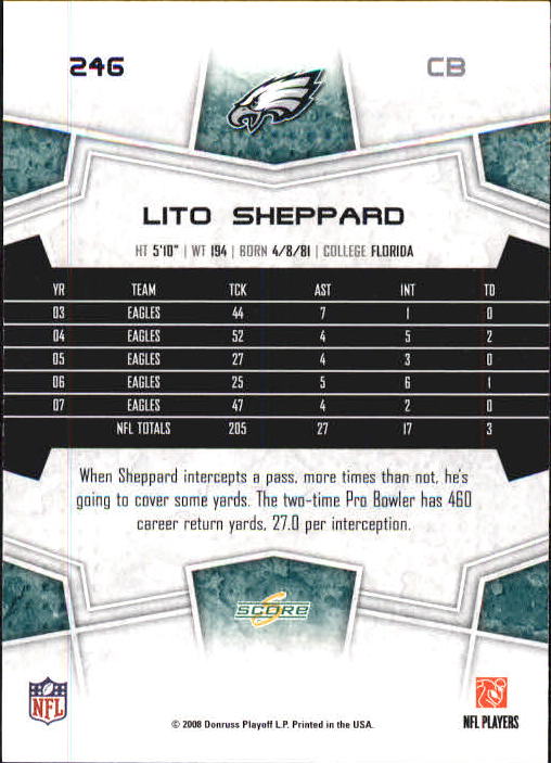 2008 Select #246 Lito Sheppard back image