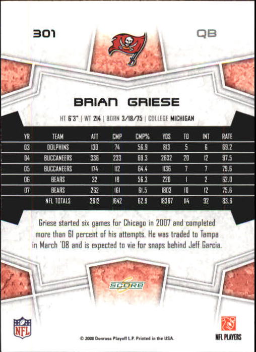 2008 Select #301 Brian Griese back image