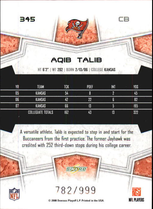 2008 Select #345 Aqib Talib RC back image