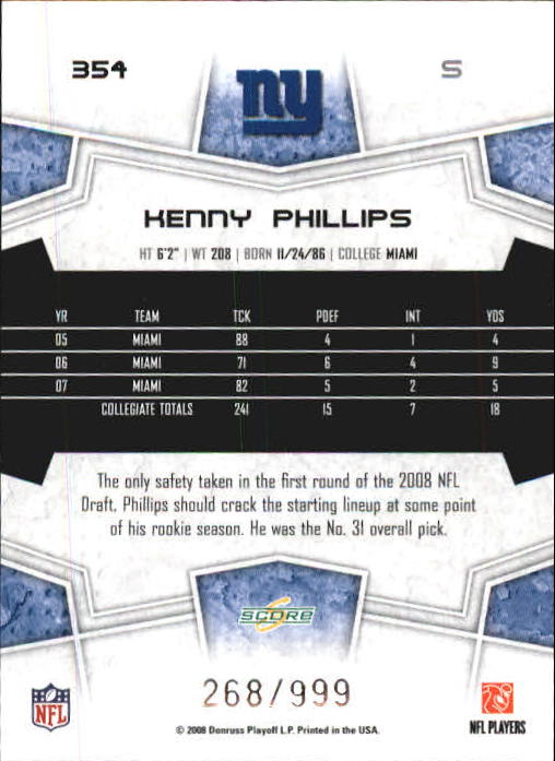 2008 Select #354 Kenny Phillips RC back image