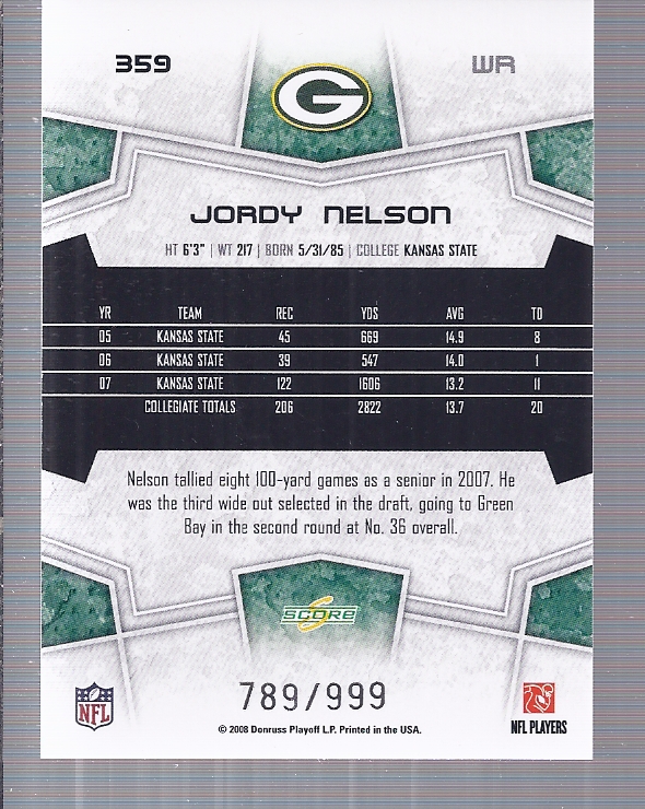 2008 Select #359 Jordy Nelson RC back image