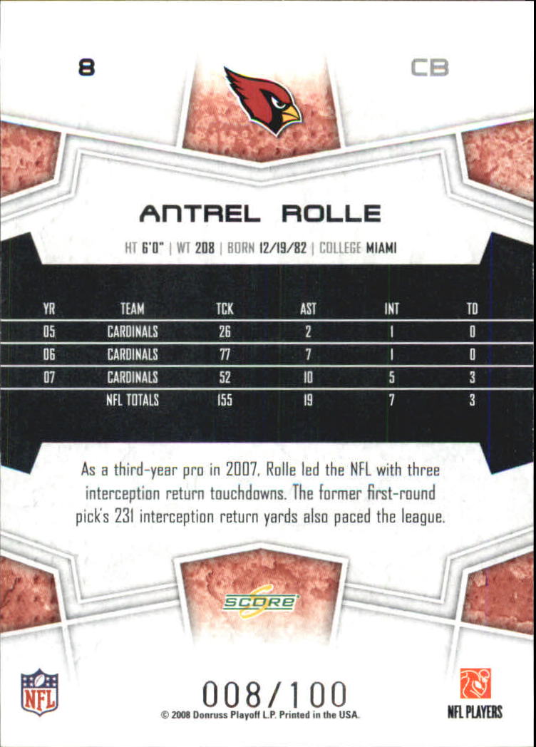 2008 Select Scorecard #8 Antrel Rolle back image