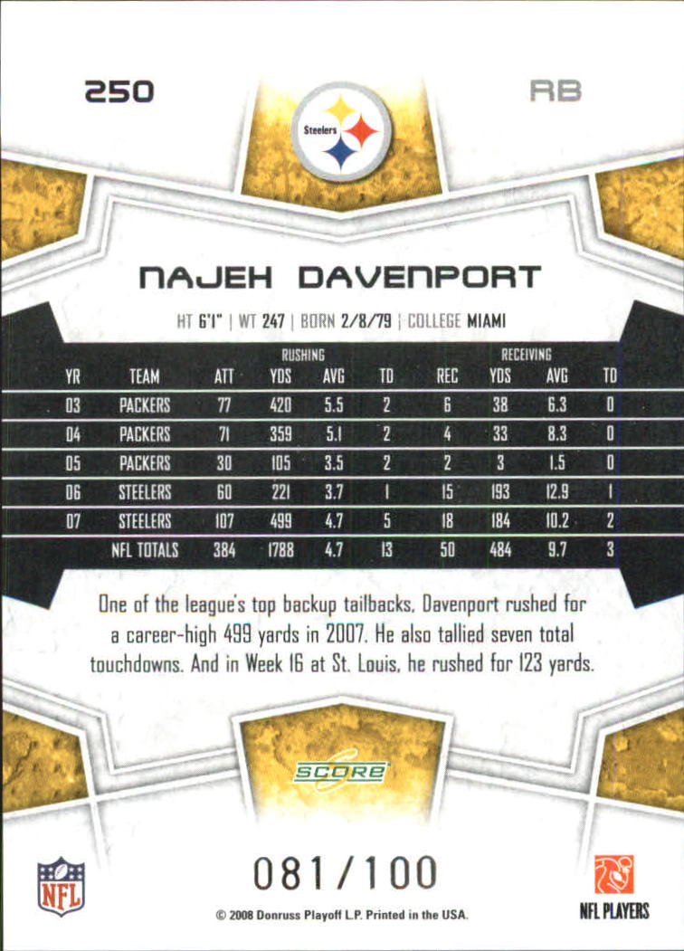 2008 Select Scorecard #250 Najeh Davenport back image