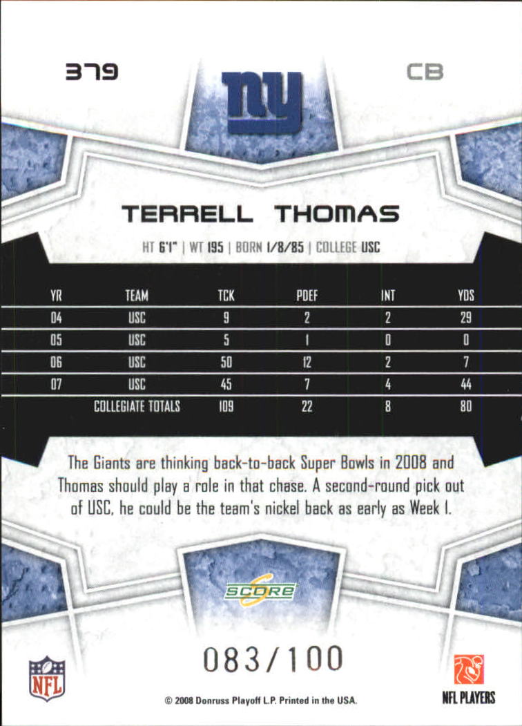 2008 Select Scorecard #379 Terrell Thomas back image