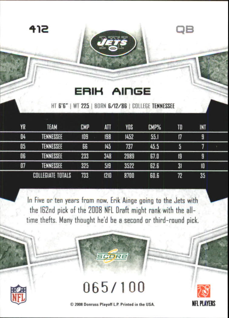 2008 Select Scorecard #412 Erik Ainge back image