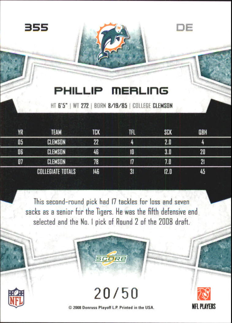 Phillip Merling Rookie (2) 2008 Score Football #355 Miami Dolphins