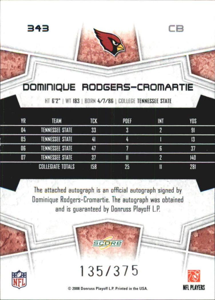 2008 Select Inscriptions #343 Dominique Rodgers-Cromartie/375 back image