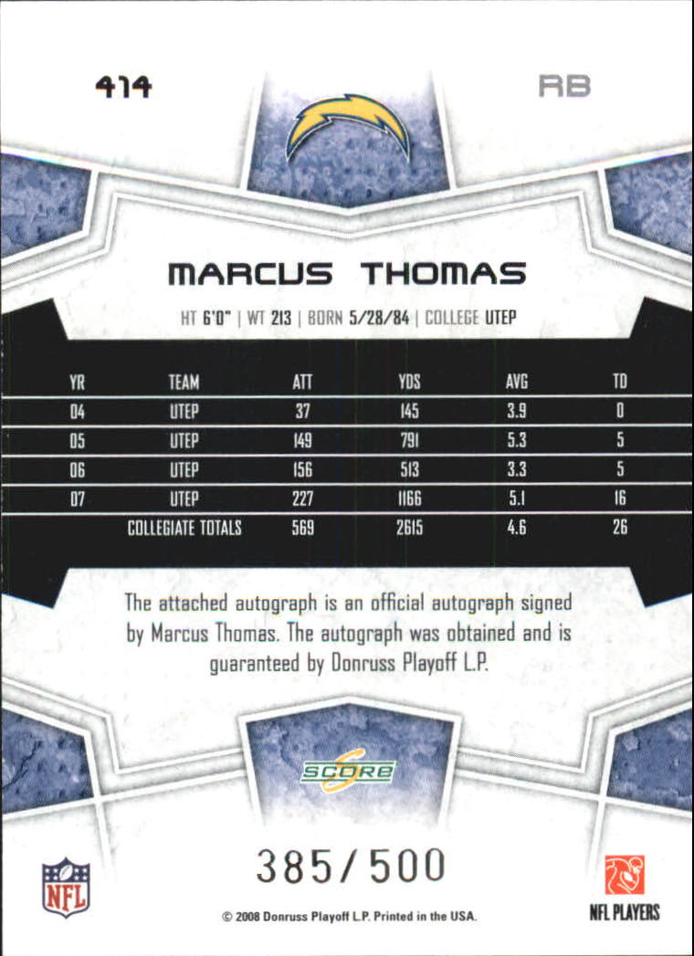 2008 Select Inscriptions #414 Marcus Thomas/500 back image